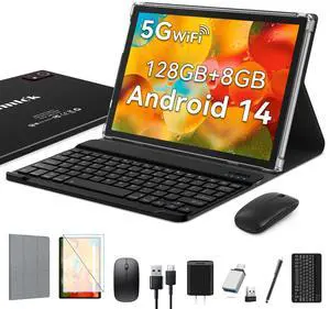 kimlok 2025 Latest Android 14 Tablet, 10 Inch, 128GB+8GB+512GB Expandable, Octa-Core Processor, 2 in 1 with Keyboard Case Mouse, 7000mAh Battery, 5G WiFi, Dual Camera, BT5.0