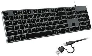 POWZAN Wired Backlit Keyboard for Windows/Mac,Aluminum Slim & Quiet Full Size Keyboards Light Up with USB A/USB C Dual Interface,Compatible with iMac,MacBook,iPad,Laptop,PC-Gray Black