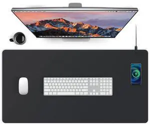 Desk Mat with Wireless Charger, PU Leather Fast Charging Gaming Mouse Pad, Waterproof Anti-Slip Surface, Easy Clean Office Table Mat, 32L x 16W x 0.15H inches, Black(Right Side Charging Port)