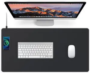 Desk Mat with Wireless Charger, PU Leather Fast Charging Gaming Mouse Pad, Waterproof Anti-Slip Surface, Easy Clean Office Table Mat, 32L x 16W x 0.15H inches, Black(Left Side Charging Port)