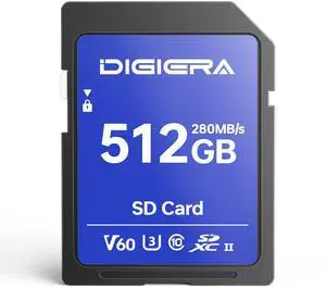 DIGIERA 512GB LSU100 SDXC UHS-II Memory Card - up to 280MB/s, C10, U3, V60, 6K, SD Card for Computers, Digital Cameras, Home Theatre Devices, Car Navigation Systems (1 Pack)