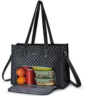 Ralnitote Laptop Tote Bag with Insulated Lunch Compartment for Women, PU Leather 15.6 Inch Work Bag, Elegant Computer Handbag, Versatile Business Tote for Office,Travel or Casual-Classic Black