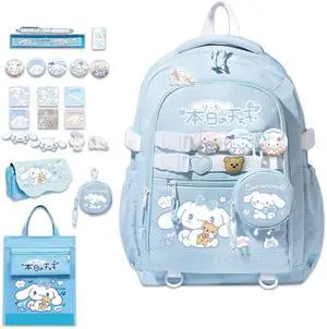 Roffatide Anime Cinnamoroll Kawaii School Backpack with 12 Pcs Accessories Cartoon Travel Aesthetic New Semester Bag with Cute Pins Anti-Theft Laptop Backpack Travel Daypacks Student Bag for Girls