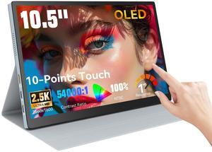 10.5" OLED Touchscreen Portable Monitor 2.5K 2560x1600, 100% NTSC, 54000:1 Contrast, Mini Second Touch Display with Protect Case & Speaker, USB-C, HDMI, Small Screen for Laptop Mini PC Phone, Silver