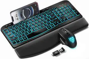 SABLUTE Wireless Keyboard and Mouse Combo - Ergonomic Wave Keyboard with Soft Leather Wrist Rest, Phone Holder, Rechargeable, RGB Backlit Mouse, Full-Size Cordless Set for Windows/Mac/Computer/Laptop