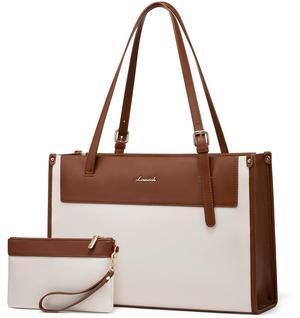 LOVEVOOK Laptop Tote Bag for Women 15.6 Inch Stylish Leather Work Tote Bag Purse Large Capacity And Waterproof Computer Briefcase for Business Office Travel, White-Black, Brown White