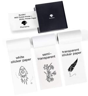 Phomemo M02 Mini Bluetooth Thermal Pocket Printer (Black) with 3 Rolls Adhesive White/Gold/Silver Glitter Sticker Paper, Compatible with iOS + Android for Plan Journal, Study Notes, DIY, Work, Gift