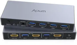 Alxum 2 in 1 Out USB A HDMI KVM Switch-2 Computers 1 Monitor,Two Mode Switching,4K@60Hz,5Gbps High-Speed Transmission,4 USB A for Two Computers Sharing One Monitor,DC5V Adapter and Desktop Controller