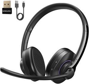 Wireless Headset with Mic for Work, Headset Wireless Bluetooth V5.3 with AI Noise Cancelling Microphone with USB Dongle & Mic Mute for Computer PC Laptop Remote Work Home Office (Black)