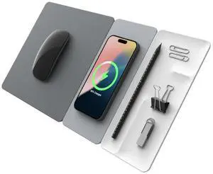 POUT H3 SplitMax 3-in-1 Wireless Charging Mouse Pad  Fast Qi Charger, Mousepad Mat, and Magnetic Tray Organizer  Compatible with Smartphones and Earbuds (Graphite Grey)