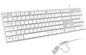 POWZAN Wired Backlit Keyboard for Windows/Mac,Aluminum Slim & Quite Full Size Keyboards Light Up with USB A/USB C Dual Interface,Compatible with iMac,MacBook,iPad,Laptop,PC-Silver White