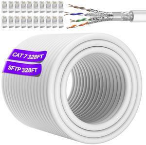 Cat 7 Ethernet Cable Bulk 328ft Outdoor&Indoor(20 RJ45), SFTP Triple Shielded Cat 7High Speed Ethernet Cable 10Gbps 600Mhz, Waterproof, Direct Burial, UV Resistant for Gaming, Router