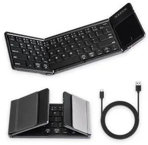 MESWAO Foldable Bluetooth Keyboard with Touchpad, Wireless Folding Keyboard with PU Leather (Sync up to 3 Devices), Full-Size Portable Keyboard for Android/Windows/iOS, black, B077T