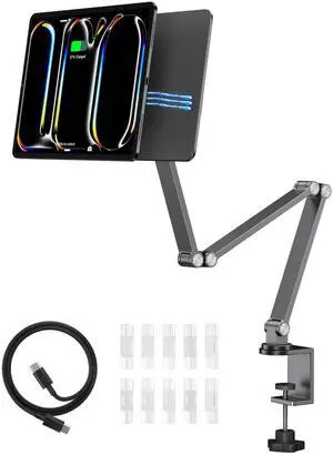 LULULOOK [Upgrade] Magnetic Wireless Charging Stand for iPad Pro 13" M4 Only, Aluminium Alloy iPad Stand for Desk with Foldable Long Arm, 360deg Adjustable Tablet Holder with 2M USB C Cable