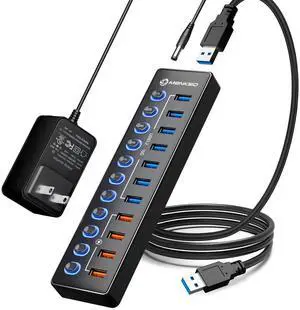 Powered USB Hub, MENKSID 11-Port USB Hub, 7 USB 3.2 Data Transfer Ports + 4 Smart Charging Ports, Independent Switch (with LED Power Indicator), USB 3.2 Hub Powered with Power Adapter for Mac, PC