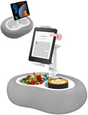 Tablet Pillow Stand, Compatible with 5"-12.9" Kindle, iPad, Phone/Tablet, Google, Samsung, 360° Rotating Phone Holder for Bed, Soft Plush Fabric, Detachable Bowl, Reading and Relaxation on Bed, Gray