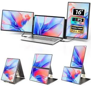 ROYY Laptop Screen Extender Monitor - 16" Triple Portable Monitor FHD 1920x1200P IPS 235deg Rotation Detachable Screen Design Extra Compatible with Mac Wins Dex Chrome Fits 13"-17" Laptops
