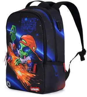 UNIKER School Backpack with USB Charging Port for Teen Boys, Computer Backpack for 15.6 Inch Laptop, Designer Daypack for Work, Alien