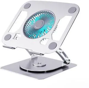 SHUWEI Laptop Cooling Stand with 3 Speed Fan, Adjustable Height & Angle, 360 Rotation Base, Carbon Steel Framework, Ultra-Quiet & Super Sturdy for up to 16"Laptop - Silver