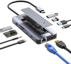 12-in-1 Hub with M.2 NVMe/SATA SSD Enclosure - Adapter for PCIe 3.0 NVMe M.2 SSD & 2.5-inch SATA HDD, 4K/60Hz HDMI, USB 3.0 (5Gbps), USB-C (5Gbps), RJ45 - Compatible with Windows & MacBook Pro