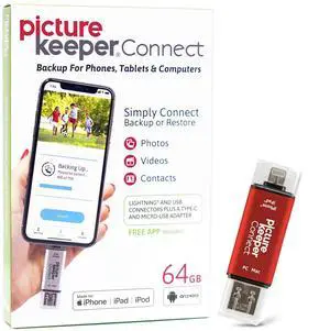 Picture Keeper Connect Photo & Video USB Flash Drive for Apple, Android & PC Devices, 64GB Thumb Drive, Red