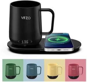 VFZO Temperature Control Smart Mug, Self Heating Coffee Mug LED Display, 180 Min Battery Life - Hot up to 149 Fast Wireless Charger Base Improved Design coffee serving sets mug(12oz, Black)