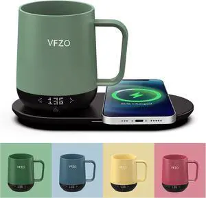VFZO Temperature Control Smart Mug, Self Heating Coffee Mug LED Display, 180 Min Battery Life - Hot up to 149 Fast Wireless Charger Base Improved Design coffee serving sets mug(12oz, Blue Grey)