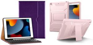 VIKESI Keyboard Case for iPad 9th/8th/7th Generation 10.2 inch, Premium Leather Smart Cover-Purple Bundle with Rugged Durable Protective Cover-Guava