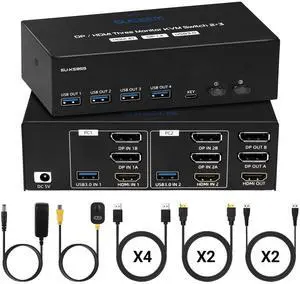 KVM Switch for 3 Monitors 2 Computers, USB 3.0 8K@60Hz 4K@120Hz Three Monitor 2 DP + 1 HDMI for 2 PC Share 3 Monitor and USB Keyboard Mouse Printer, 4 DP Cables / 2 HDMI Cables / 2 USB Cables Included