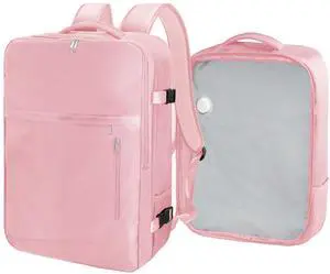 SUOCO Travel Vacuum Backpack, 60L Seal Compression Air Vac Bag Back Pack with Travel Pump, Carry On Suitcase Luggage Flight Approved for Men Women Personal Item, Pink