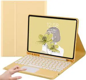 AnMengXinLing Keyboard Case for iPad 9.7 2018 (6th Gen) /9.7 2017 (5th Gen) /Pro 9.7/Air 2&1-Touchpad Detachable Keyboard with Pencil Holder -Slim Leather Folio Smart Cover, Yellow