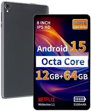 Topsand 2025 Android 15 Tablet 8 inch Tablet, Octa-Core Processor, 12GB RAM 64GB ROM 2TB Expandable, 1280 * 800 IPS HD Screen, WiFi6, BT5.4, Widevine L1, 5MP+8MP Dual Camera Tableta - Grey
