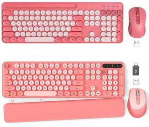 2 Pack Wireless Keyboard and Mouse - Cute Typewriter Keyboard with Retro Round Keycaps, Foldable Legs, 2.4GHz Full-Size Keyboard for PC, Laptop, Windows