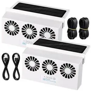 Tujoe 2 Pack Solar Powered Car Exhaust Fan 3 Fans Car Window 4500 RPM Air Vent Radiator Solar Energy Cooling Vent Exhaust for General Types(Rechargeable & Solar 3 Fans,White)