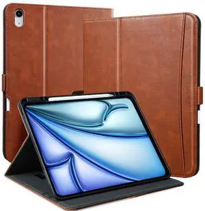 Zinibri Handcrafted Case for iPad Air 13 Inch M3 2025/M2 2024 A3269 A3271 A2898 A2899 A2900 with Pencil Holder & Hand Strap & Pocket PU Leather Stand Protective Folio Cover,Auto Sleep/Wake,Brown
