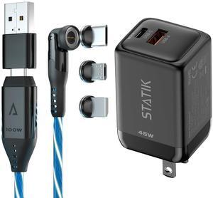 Statik 360 Globright Pro Charging Cable (6FT, 3 Pack) & 45W GaN Charging Block