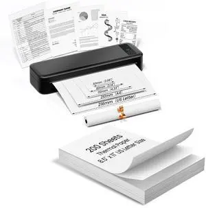 TATTMUSE Bluetooth Inkless Thermal Printer Black & 200 Sheets 8.5" x 11" US Letter Thermal Paper, Compatible with iPhone Android Laptop for Home Car Office