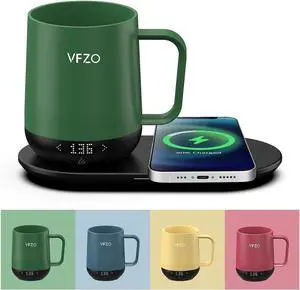 VFZO Temperature Control Smart Mug, Self Heating Coffee Mug LED Display, 180 Min Battery Life - Hot up to 149 Fast Wireless Charger Base Improved Design Coffee Serving Sets (12oz, Turquoise)