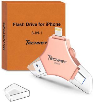 MFi Certified USB 3.0 Flash Drive 256GB for iPhone 3in1 External Memory Photo Keeper Storage Stick for Picture/Video/Data Saver/Backup High Speed Thumb/Jump/Hard Drives for iPad/Android/PC (Rose Pink)