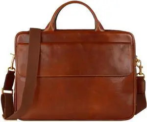 Time Resistance Leather Briefcase - Italian Handmade Laptop Bag for Men and Women - Professional Leather Computer Briefcase (Cognac Brown)