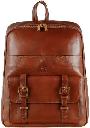 Time Resistance Leather Backpack for Men and Women - Laptop Bag up to 15" - Cognac Brown Business Rucksack