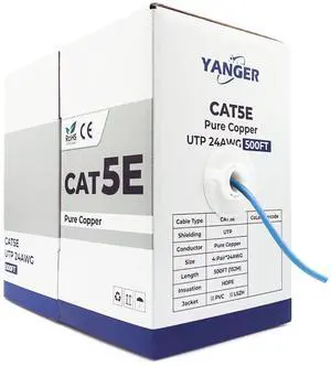 YANGER CAT5e Ethernet Cable 500ft, Bulk Cat5e Wire, 24AWG Solid UTP Unshielded Ethernet Cable RJ45, Easy Pull Box High-Speed Network for Data Center/Office/Smart Home Devices, Blue
