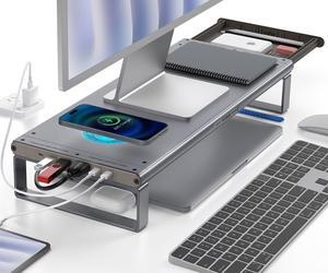 YICOSUN 6-in-1 Docking Station Monitor Stand Riser with Wireless Charging - Aluminum Alloy Studio Desk Shelf for Large Monitors/Laptops, 4K HDMI/USB3.0/PD100W - Grey