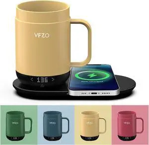 VFZO 16Oz Temperature Control Smart Mug, Self Heating Coffee Mug LED Display, 180 Min Battery Life - Hot up to 149 Fast Wireless Charger Base Improved Design Coffee Serving Sets (16oz, Lemon)