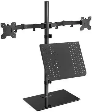 WALI Free Standing Dual Monitor and Laptop Stand, Height Adjustable Laptop Mount with Glass Base, Monitor Mount Fits up to 27 inch Monitors and 17 inch Laptops (GMF003LP), Black