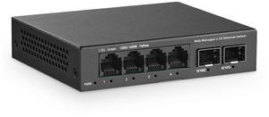 YuLinca 6 Port 2.5G Easy Web Managed Switch, 4 x 2.5Gbps Base-T Ports and 2 x 10G SFP+ Slot, Support LACP/QOS/VLAN/IGMP, Mini Metal Fanless 2.5Gb Managed Switch