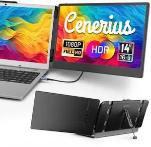 Cenerius 14" Laptop Screen Extender, FHD 1080P IPS Portable Monitor for Laptop, Dual Screen Monitor Extender Compatible with 13"-17" Laptops, HDMI/USB-A/USB-C Plug-Play for Windows, Mac, Android