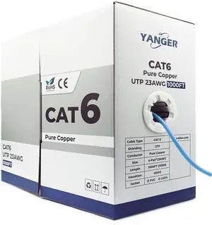 YANGER CAT6 Ethernet Cable 1000ft - 23AWG Solid Bare Copper, 10 Gigabit, POE++, UTP High-Speed Network Cable, Pull Box, for Data Center/Office Use, 4K/8K/VR Smart Home Devices, Bulk LAN Cable, Blue