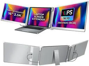 Laptop Screen Extender for Triple Display - 16" QHD 2500P Portable Monitor, Detachable, Plug & Play Dual Monitor Extender for 12"-18.5" Laptops, Compatible with Windows/Mac/Android/Chrome/PS3/PS4