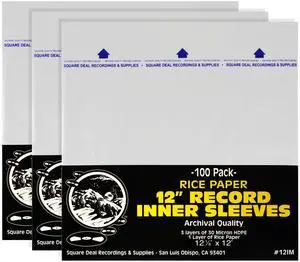 12 Inch Record Inner Sleeves - 3-Layers of Archival Quality, Anti-Static HDPE with Rice Paper Enclosed Insert for Extra Rigidity #12IM (300)